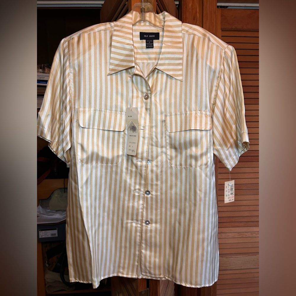 *NWT* Silk House Vintage Elegant Beige Striped Women's Blouse 100% Silk size Sm
